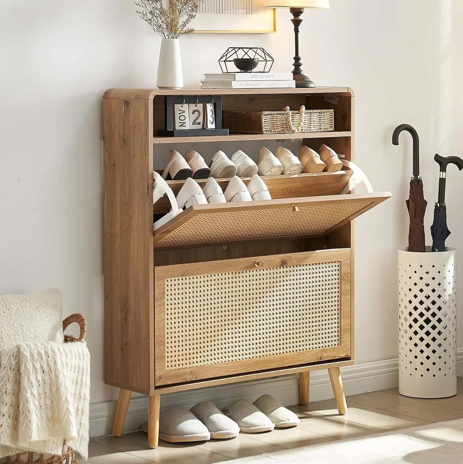 Rattan Shoe Cabinet with 2 Flip Doors & Adjustable Shelves, Narrow Freestanding Shoe Rack for Entryway, Natural Wood, Customized