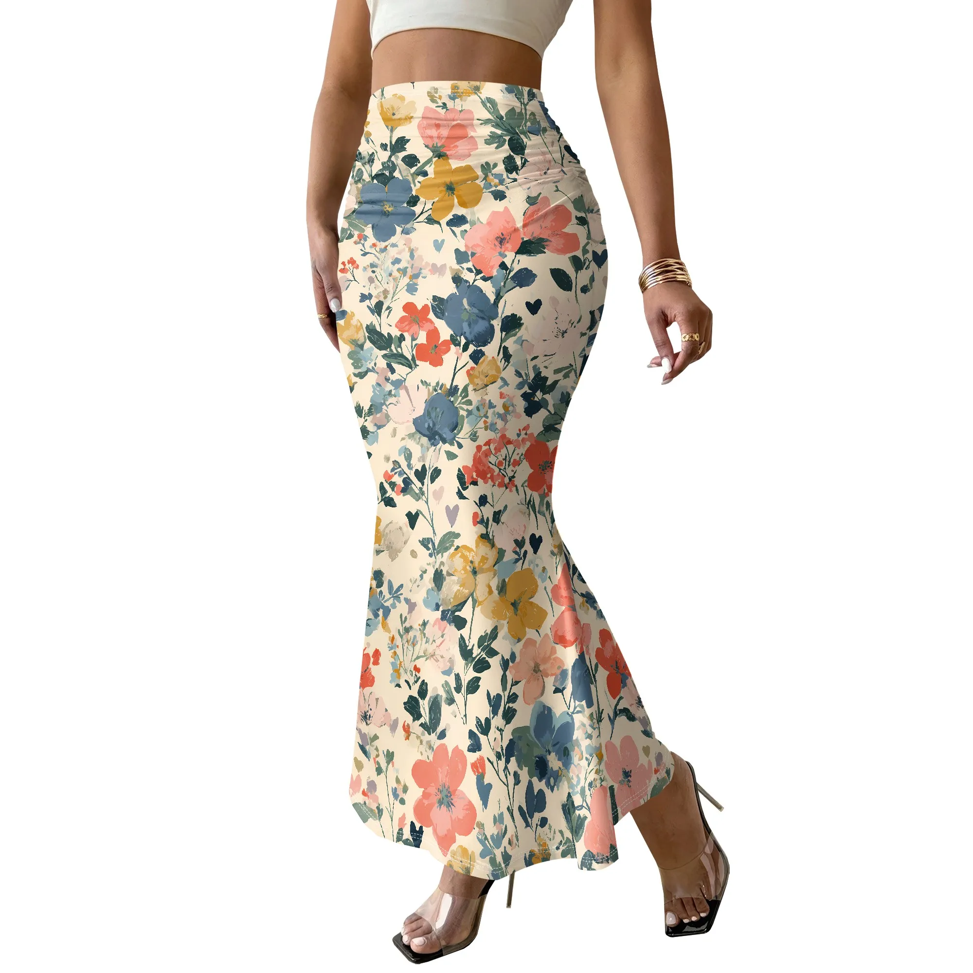 Floral Print Mermaid Skirt, High Waist Bodycon, Ruched Side Detail, Beach Party Wear, S-2XL