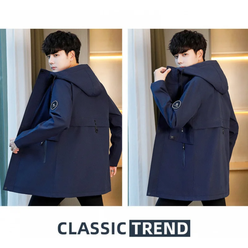 سترة GIOIOMEN، للربيع والخريف على الطراز الكوري بقصة ضيقة متوسطة الطول بلون سادة مع قلنسوة، ملابس رجالية