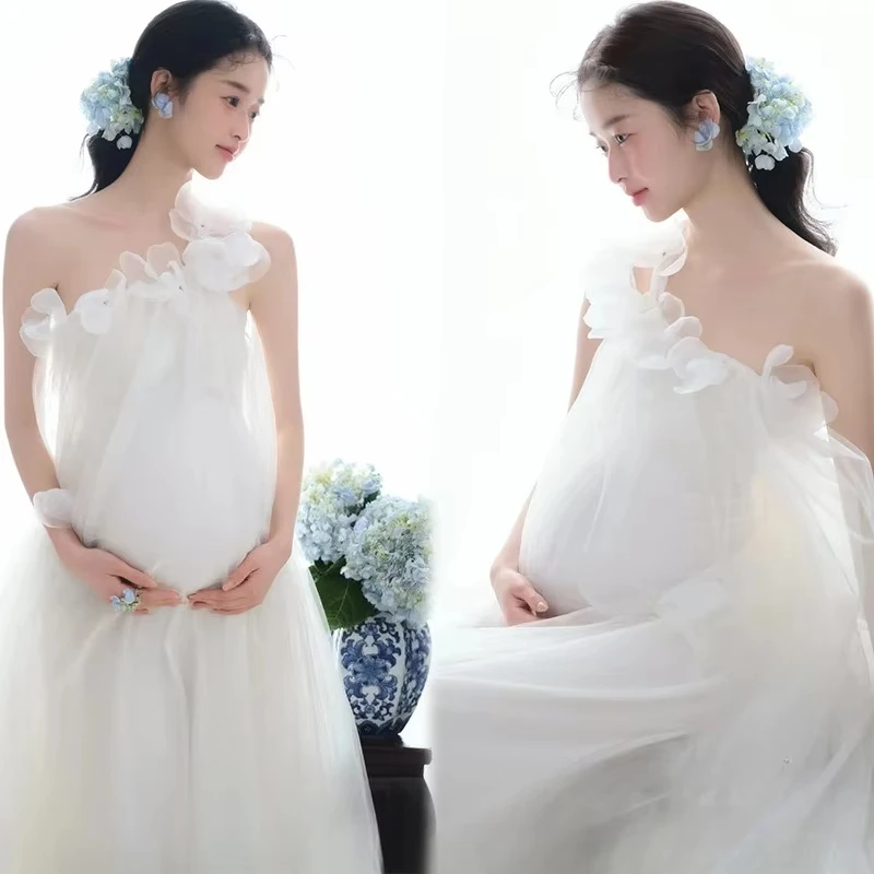 Women Maternity Photo Shoot Dress Ruffles White One-shoulder Dresses for Pregnancy Studio Photography Photo Picture Clothing