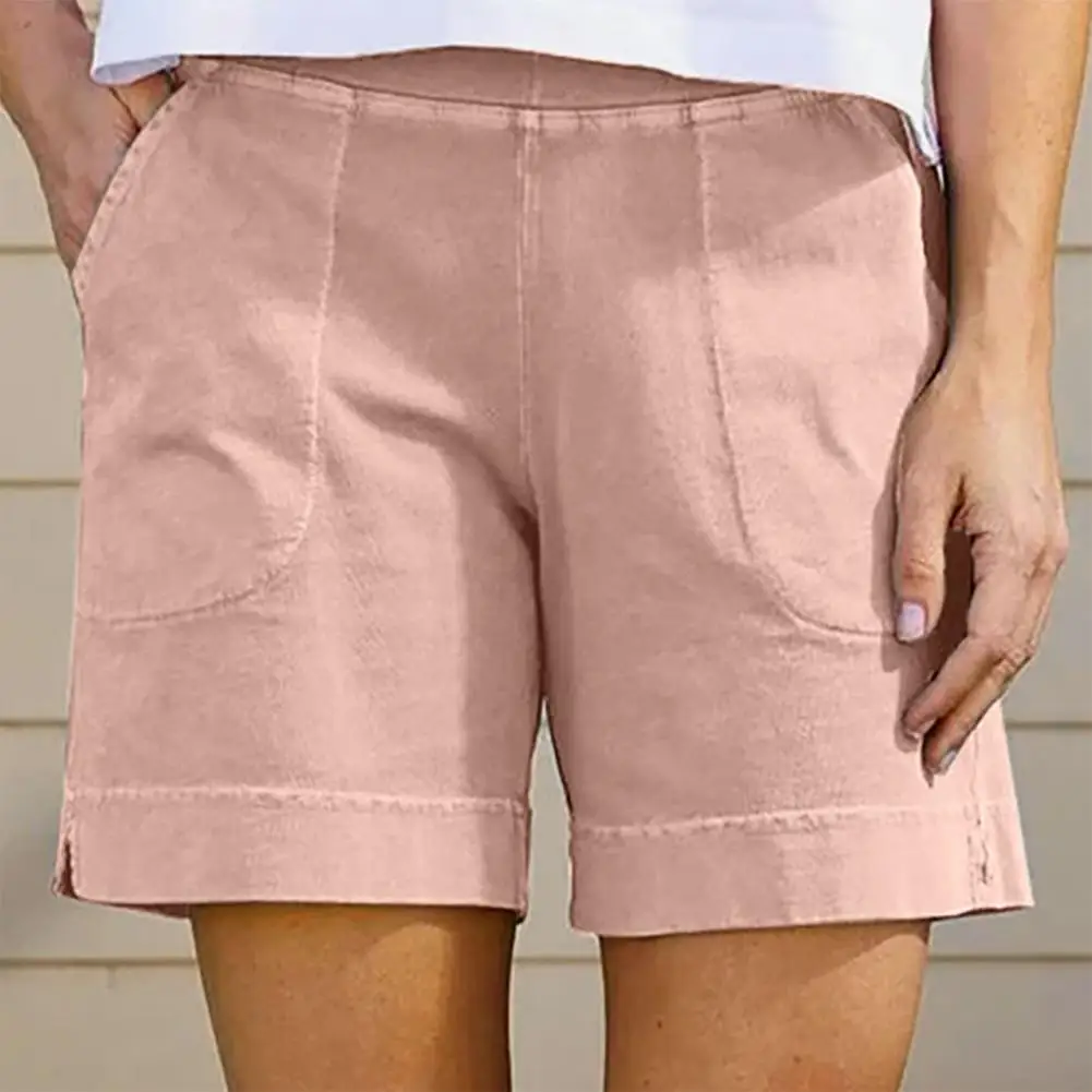 Women Knee-length Shorts Women's Cotton Linen Elastic Waist Shorts with Pockets for Summer Vacation Outfits Street for Women