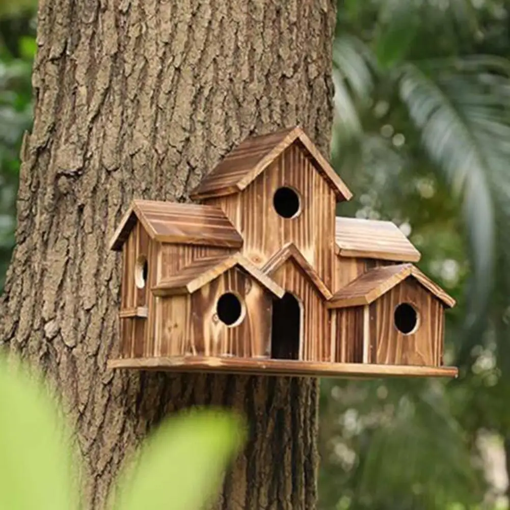 Wooden Outdoor Parrot And Hummingbird Nest Countryside Pendant Solid Wood Decoration Bird Feeder Hanging Bird House