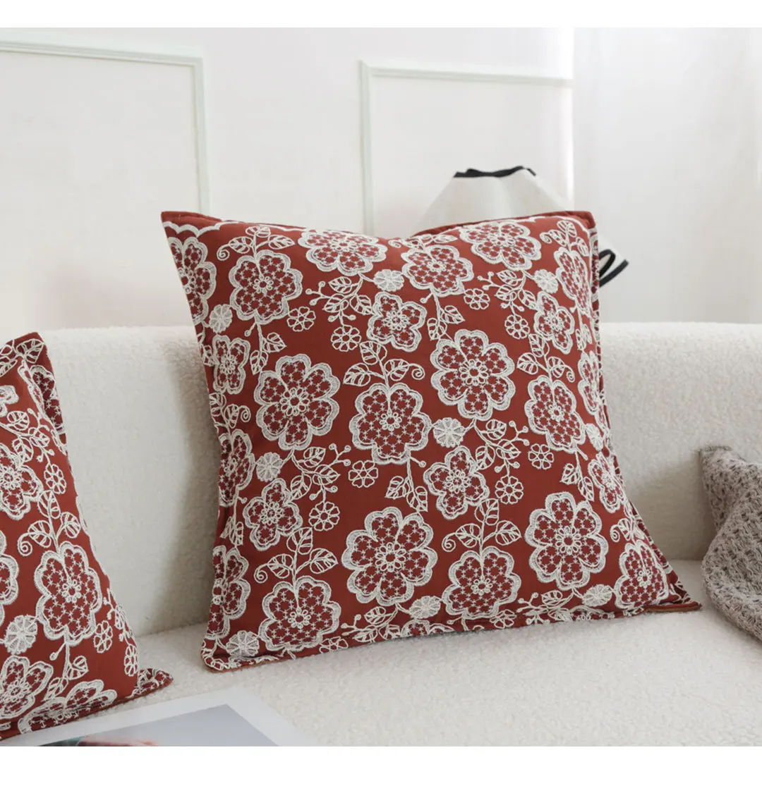 Chinese Retro Red Embroidered Pillowcase Sofa Back Cushion Cover Decorative White Floral & Vine PatternLumbar Pillow Cover