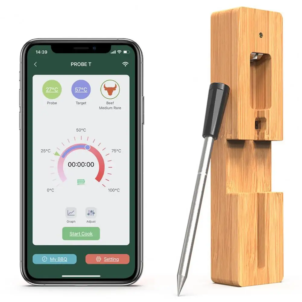 

BBQ Probe Thermometer Bluetooth-compatible Fast Response Time Complete Food Juice Mobile App with Recipes for Grilling