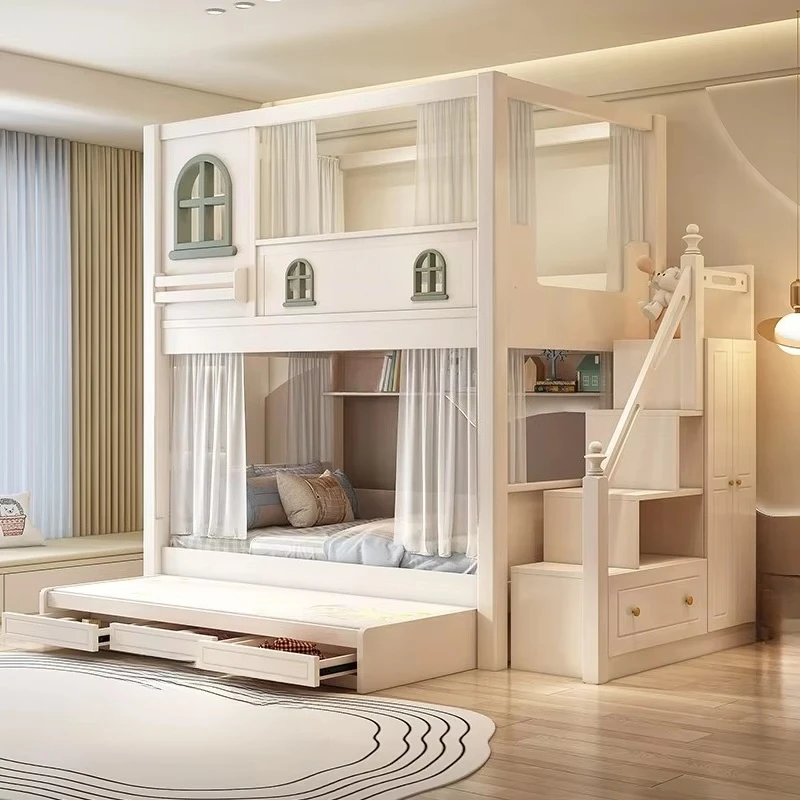 Children's Wooden Mediterranean Bunk Bed Same Width Castle Double-Layer High Guardrail Two-Story Low Mother-and-Baby