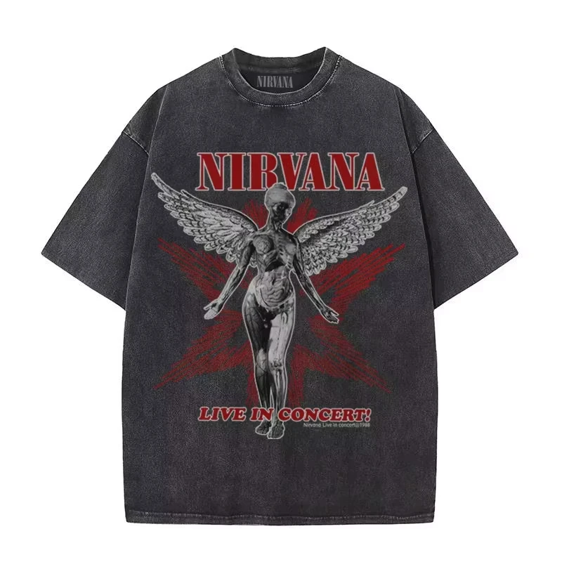 Nirvana Rock Band Men's Retro Cotton Washed Tee in Utero Album Man Women's Oversized Y2K Distress Short Sleeve Summer Unisex Top