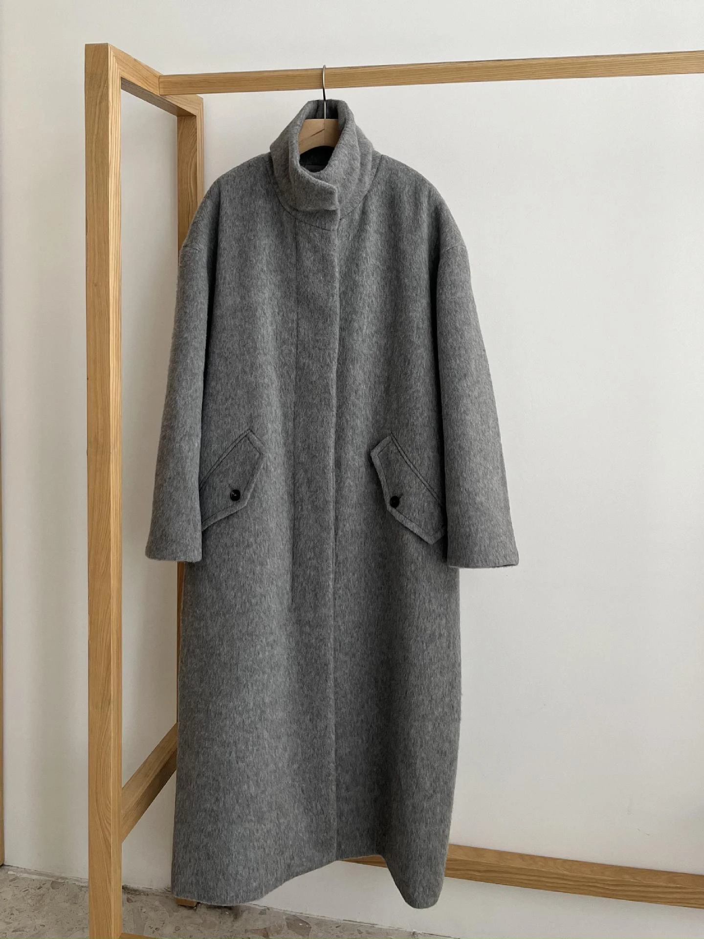 

Warm Thi Long Woolen Coat Stand Collar Ele Monoha Sle Winter Outerwear for Women Straight Cut Regular Sve Length