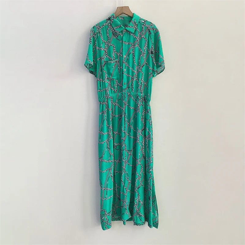 Zadig Green Robes Women Summer Fashion Elasticized Waist Long Dress Female Chic Pocket Short Sleeve Long Robe Lady Clothing