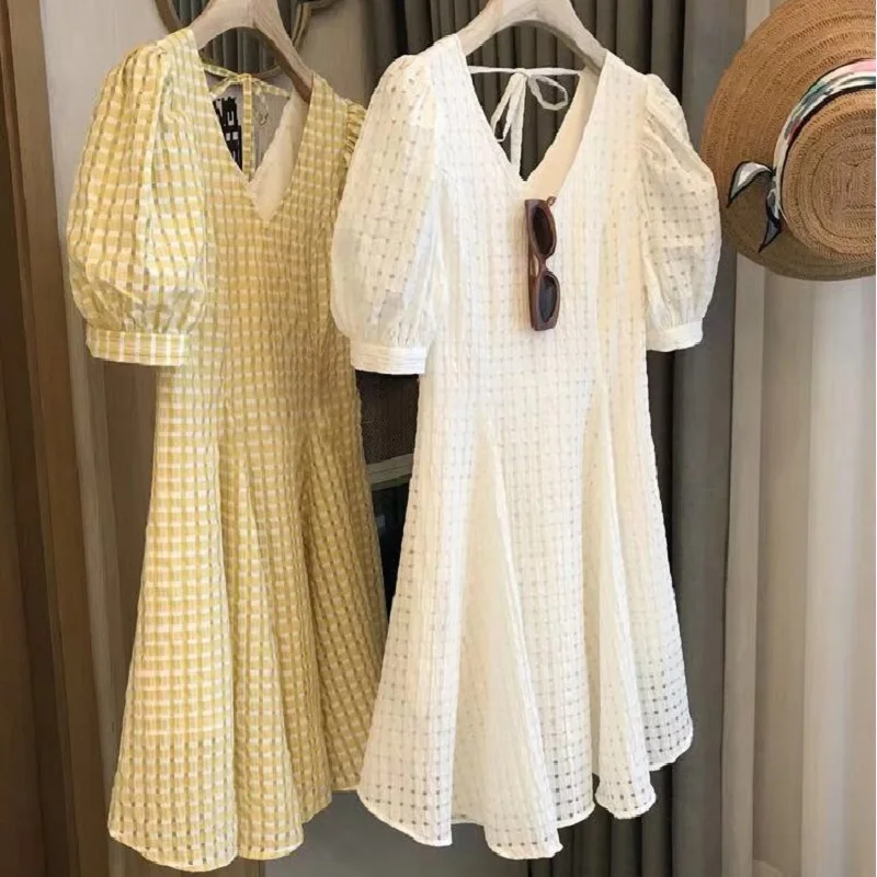 

Summer Chiffon Puff Sleeve V-neck Dress Women 2021 Vintage Plaid Slim Loose Dresses Lovely Office Ladies Elegant Mini Dress