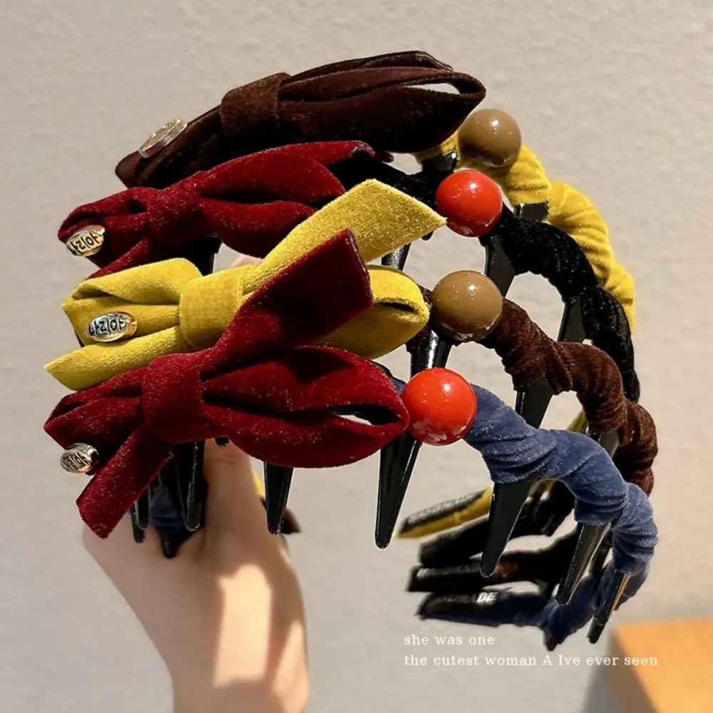 Retro Flocking Bow Headband U-shaped Tooth Comb Non-slip Hair Hoop Hair Bands New Year Hair Styling Accessories