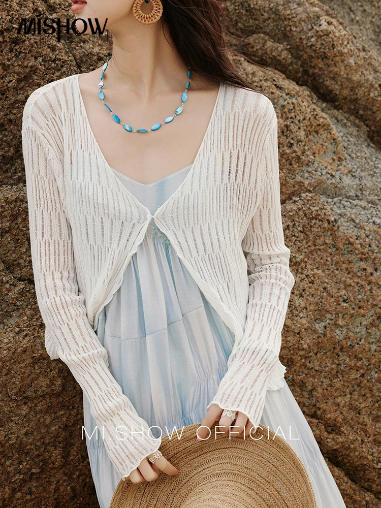 MISHOW Zomer Casual Vest voor Vrouwen 2023 Nieuwe V-hals Lange Mouw Slanke Gebreide Vesten Vrouwelijke Mode Witte Tops MXE16Z1193