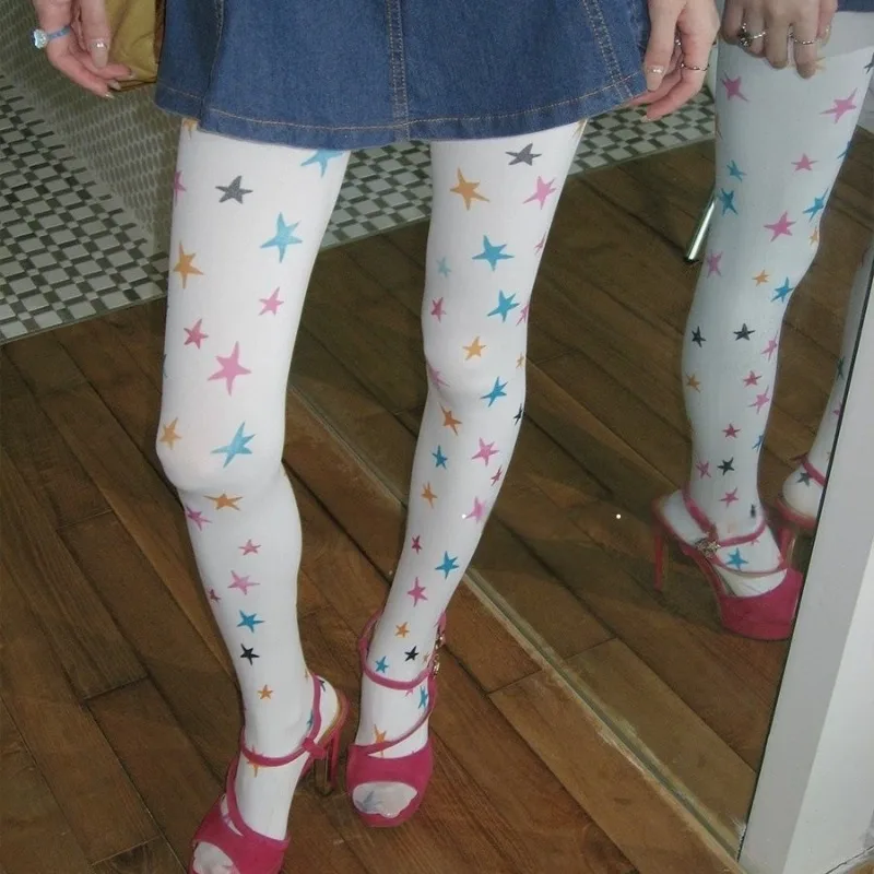 Y2K Colorful Star Print White Velvet Sheer Tights for Women Girls, Stretch Full Length Pantyhose Kawaii Street Daily Leg Hosiery