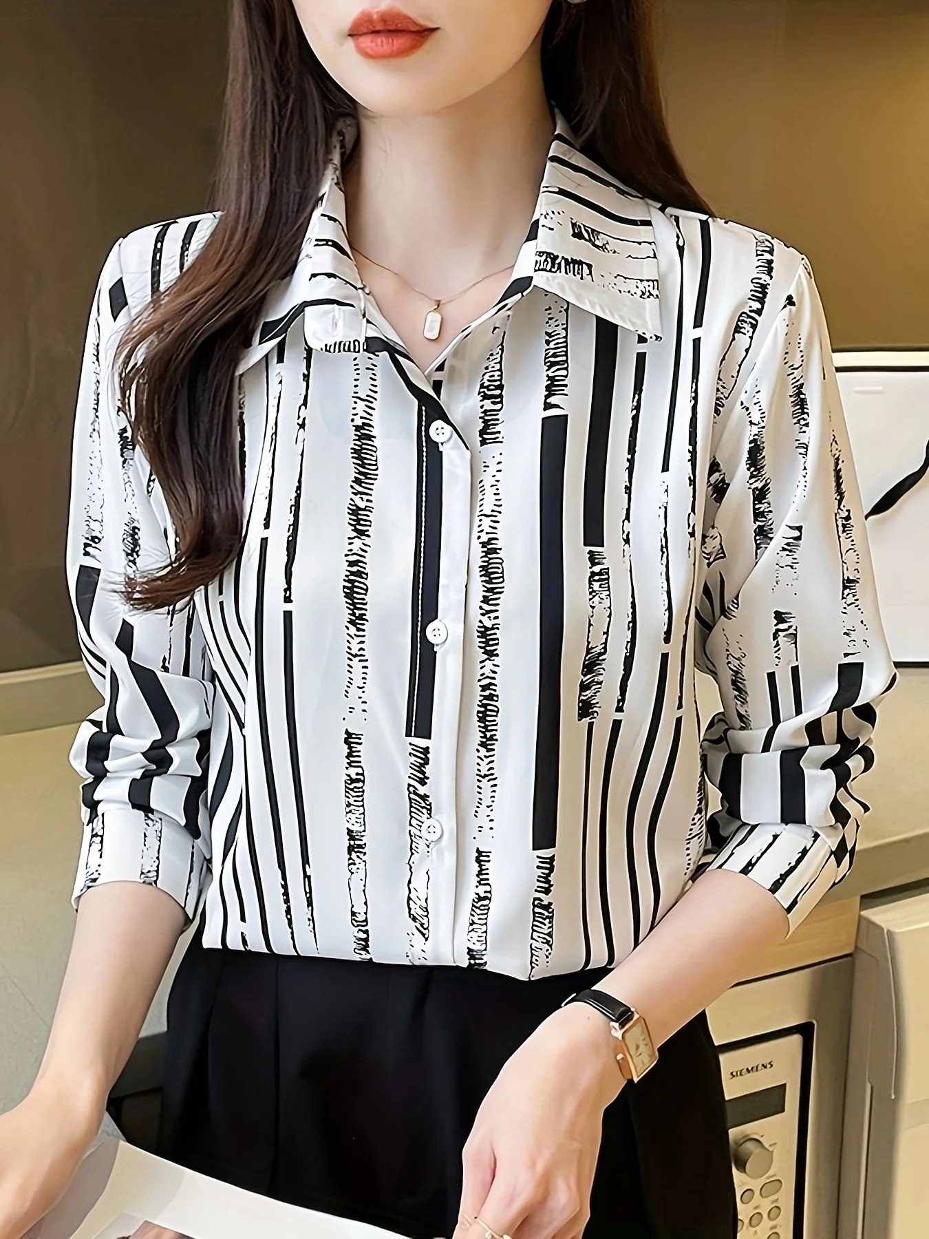 Stripe Print Polo Neck Button Down Shirt, Casual Long Sleeve Shirt for Spring and Fall, Womenswear