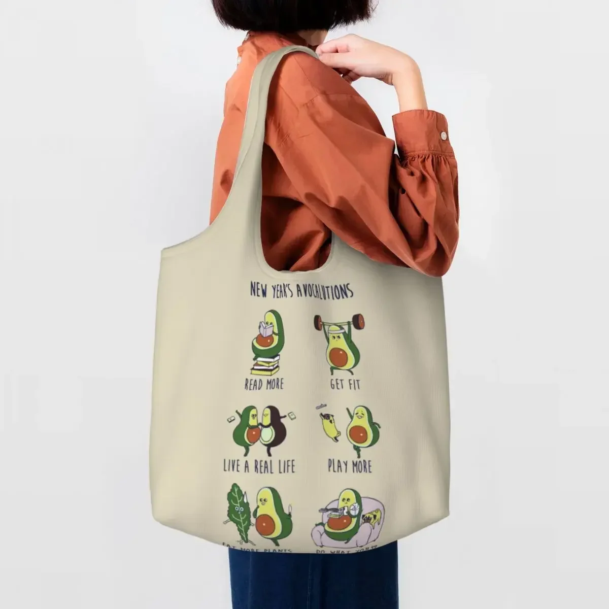 New Year's Resolutions With Avocado Groceries Shopping Tote Bags Fruit Vegan Canvas Shoulder Shopper  Big Capacity Handbag