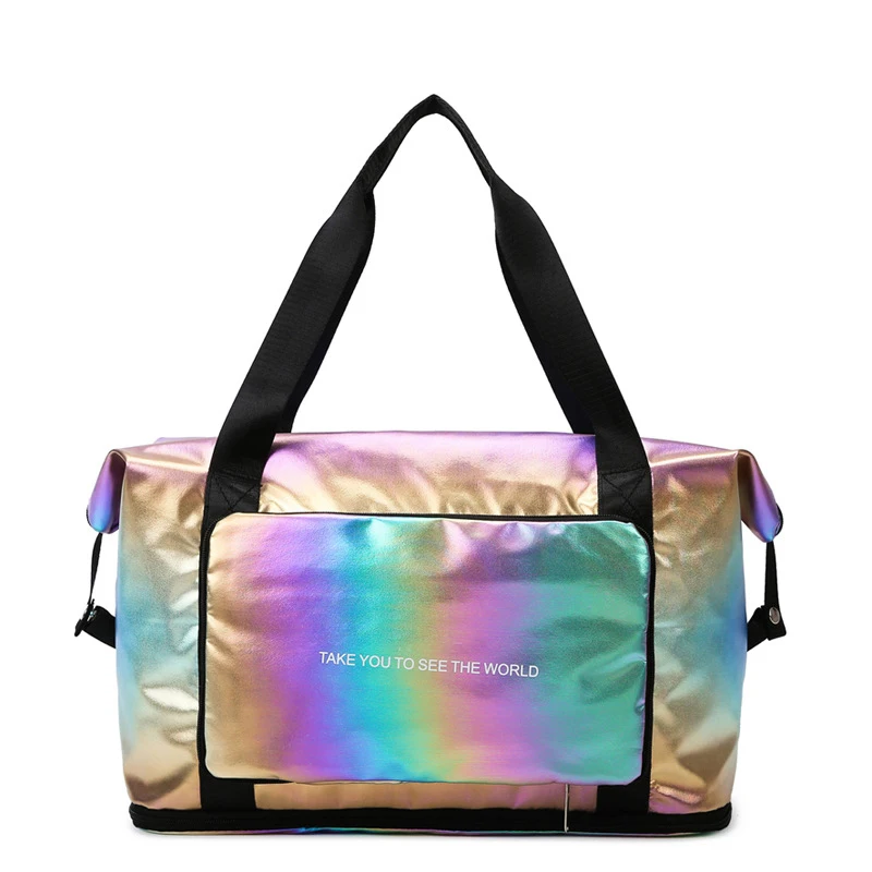 Iridescent Yoga Fitness Holographic Waterproof Glossy Excursion Large Capacity Folding Storage  Handheld Student Travel Bag