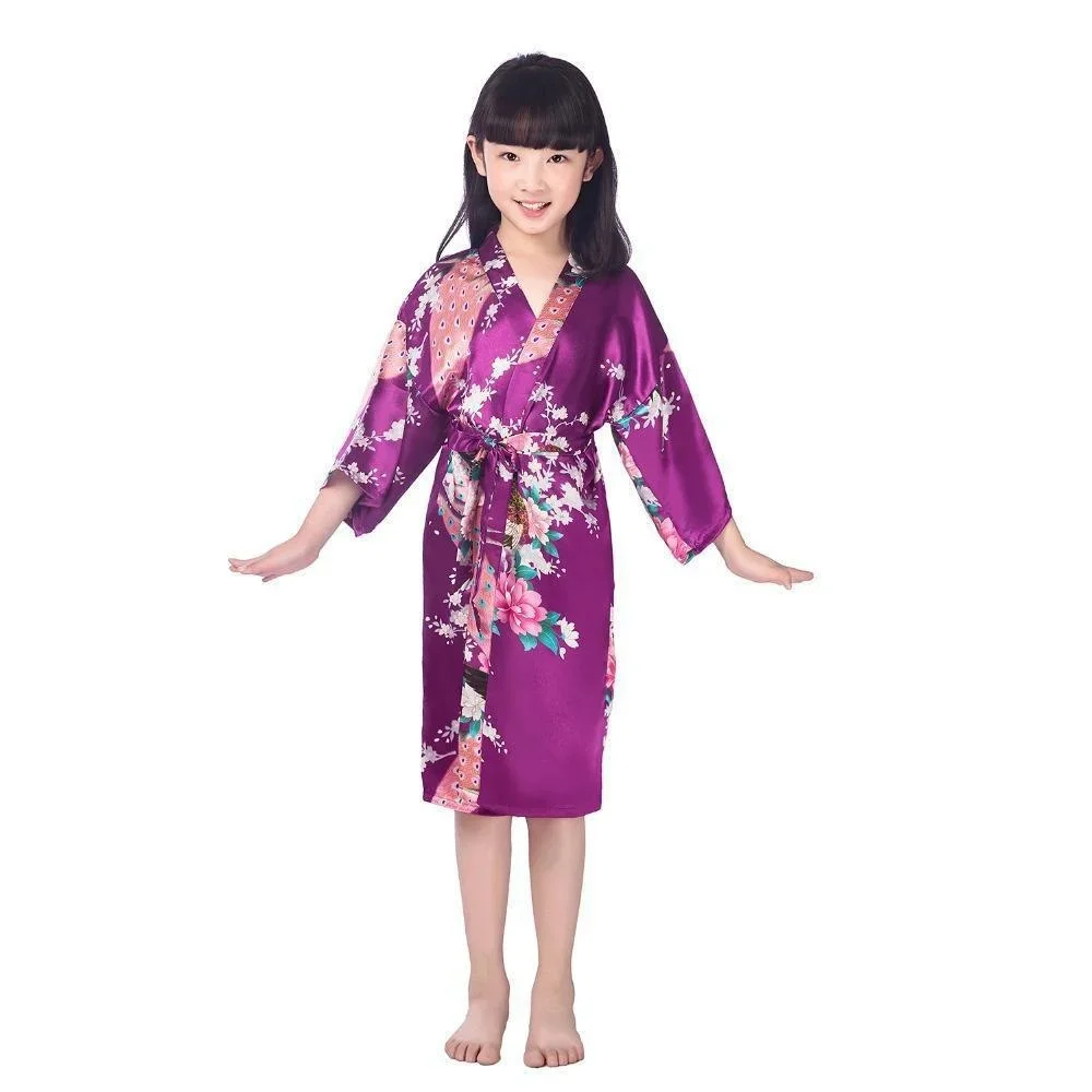 Kids Satin Floral Kimono Robe Flower Girl Peacock Bath Robes for Wedding Spa Party Gifts Bridal Lingerie Sleepwear Bathrobe T733