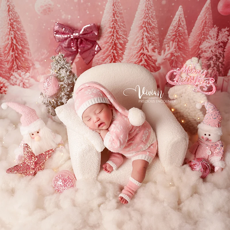 Pakaian Natal Bayi Perempuan Baru Lahir Kostum Santa Rajut Merah Muda Boneka Manusia Salju Mewah Pohon Natal Mini Properti Fotografi Bayi Baru Lahir
