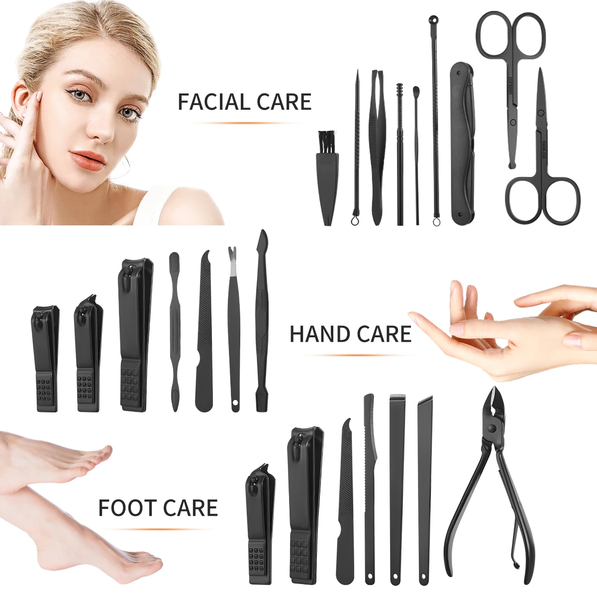 7/15/20pcs zestaw do Manicure ze stali nierdzewnej profesjonalny zestaw do Pedicure zestaw do pielęgnacji nożyczki do paznokci z czarną skórzaną