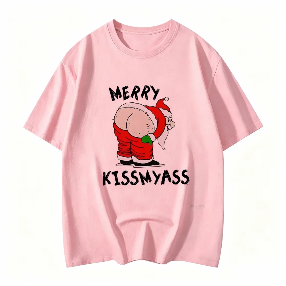 Women Merry Christmas Kiss My Ass Funny Santa Claus Print Soft Comfortable Street Short Sleeve Round Neck Causal Clothing