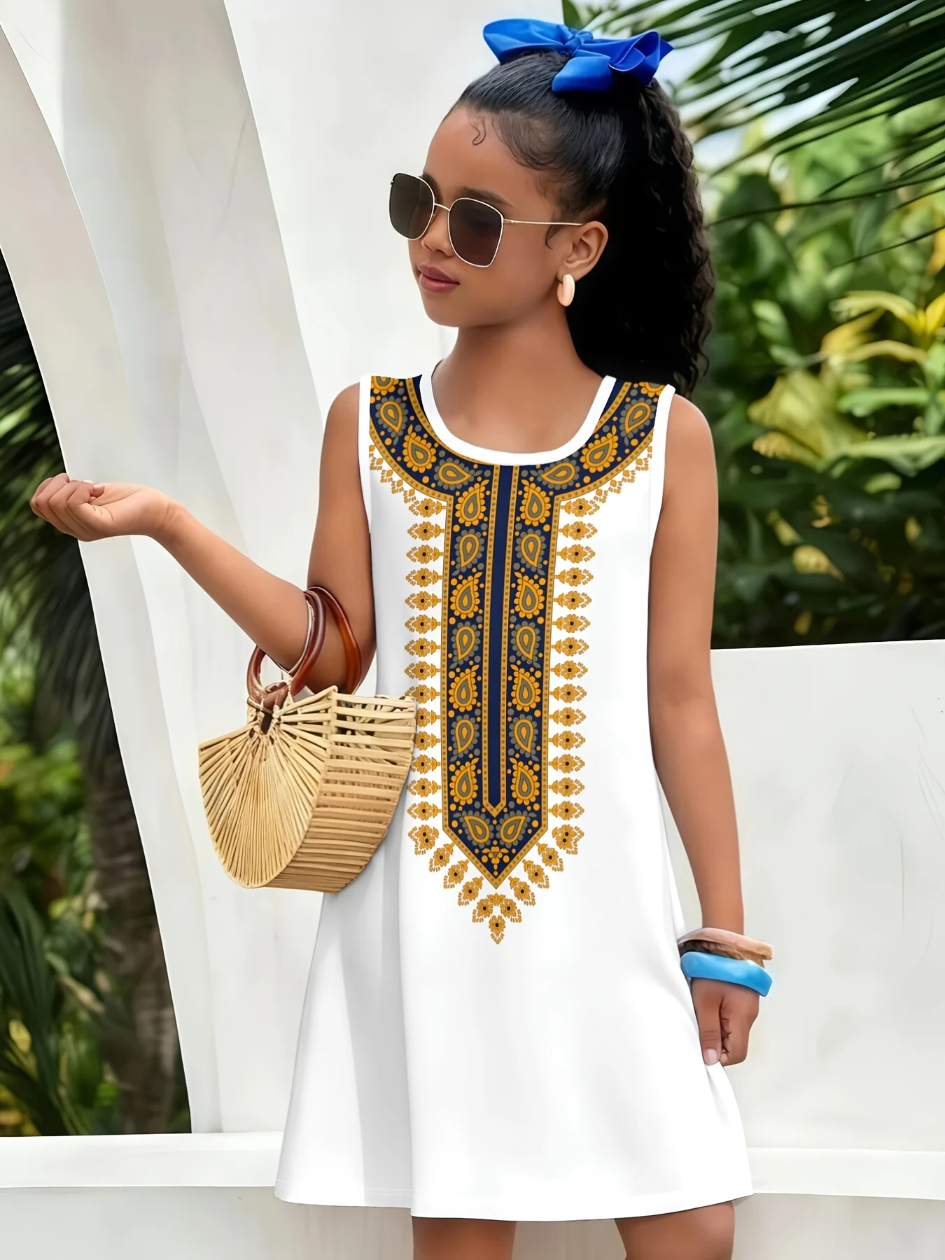 Summer childen Sleeveless Tank Sundress Gradient Coconut Palm Print Soft A‑Line Cute Outfit for Beach and Casual Daily Wear