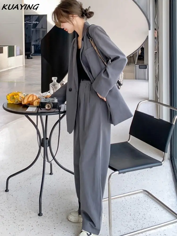 Women's Street Wide Leg Pants Two-piece Set Korean Style Temperament Elegant Casual Business Long Sleeve Jackets Loose Pantsuits