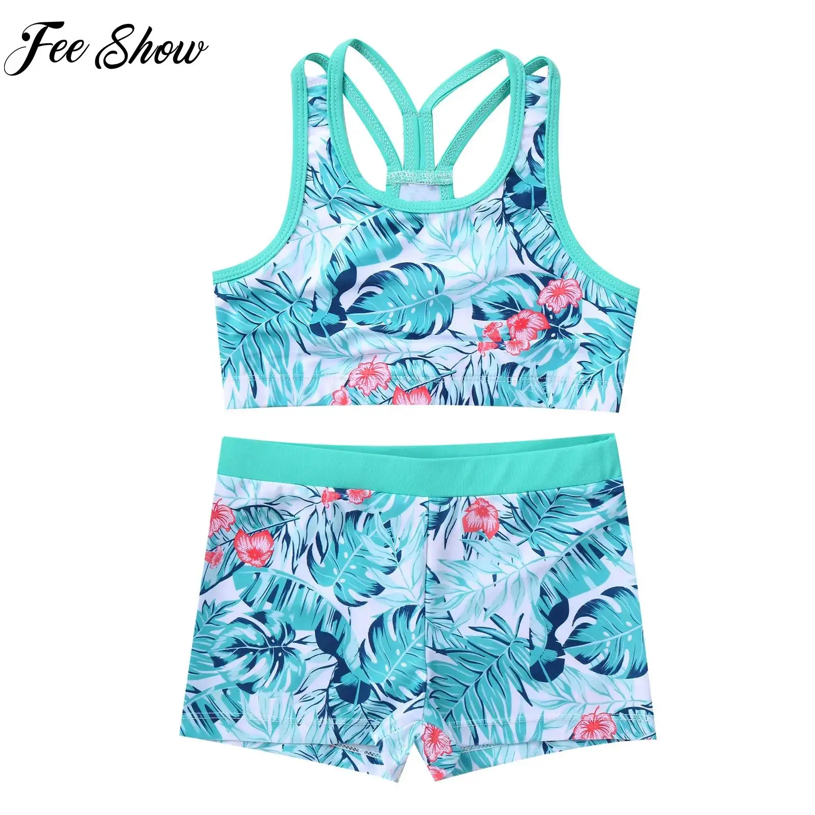 Kids Girls Swimsuit Sleeveless Tanks Bra Crop Top With Booty Shorts Set Dance Yoga Sports Suit Gymnastics Outfits