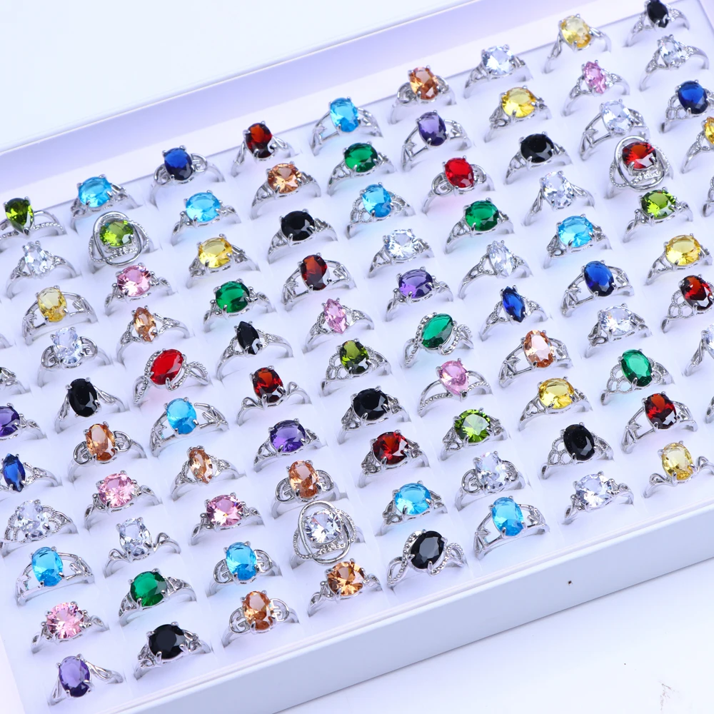 20Pcs/Lot Fashion Multicolor Cubic Zircon Rings For Women Mix Style Trendy Wedding Engagement Jewelry Party Gifts Wholesale