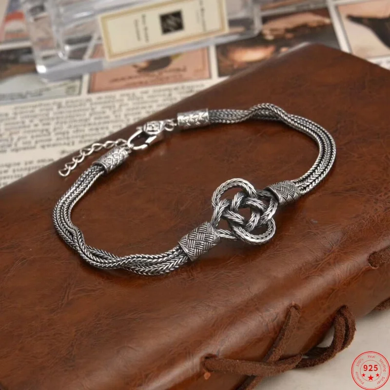 S925 Sterling Silver Charms Bracelets for Men Chinese Knot Pattern Retro 5mm Horsewhip-chain New Fashion Punk Jewelry Wholesale