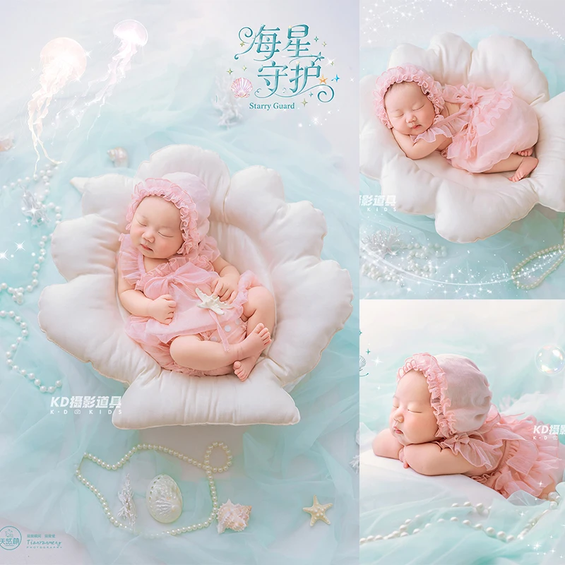 Ocean Theme Newborn Photography Props Pink Lace Outfit Hat Soft Shell Shaped Posing Pillow Baby Girl Studio Photoshoot Costume