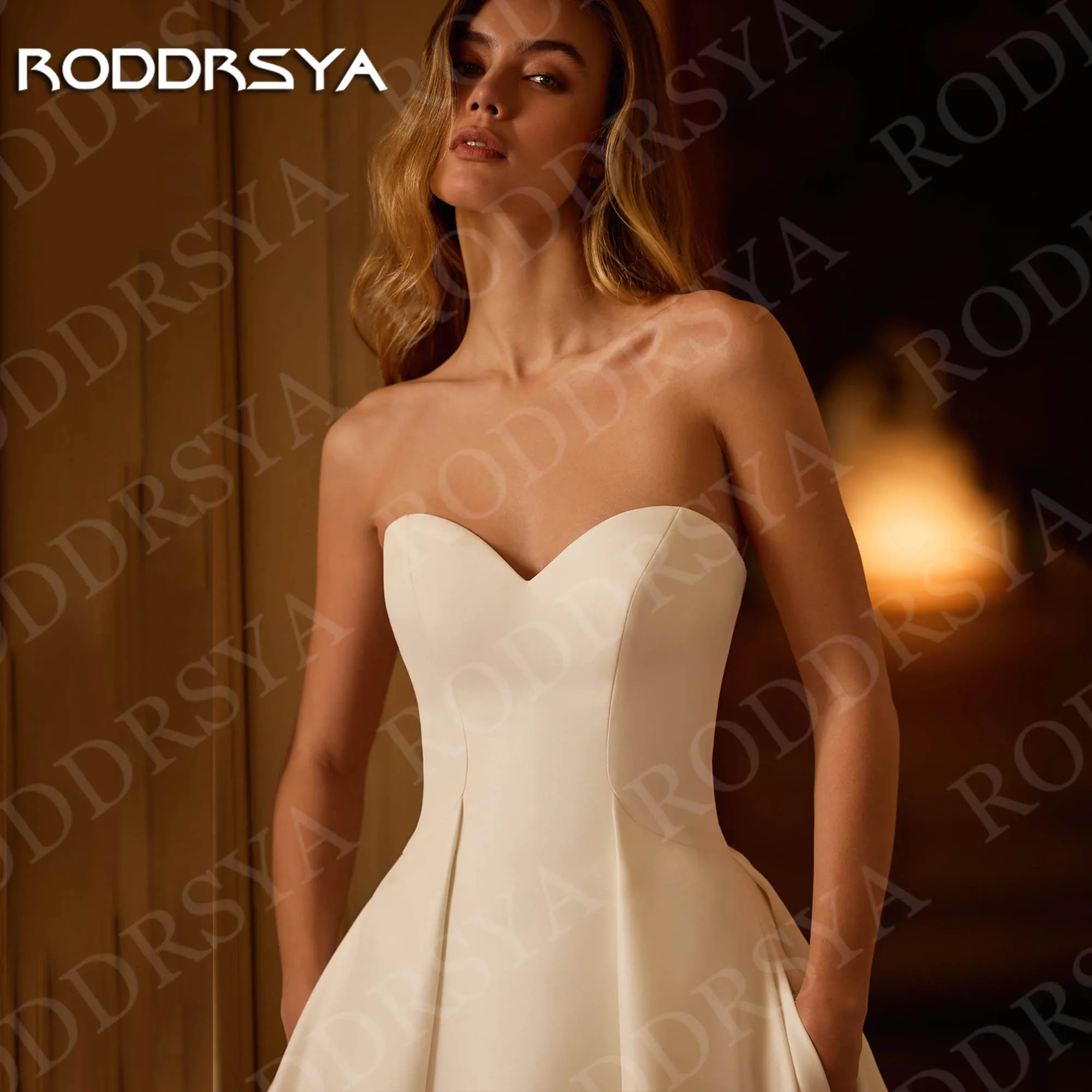 Roddrsya clássico vestidos de casamento cetim vestidos de noiva sem alças mulher querida pescoço uma linha vestido de noiva com bolsos personalizados Vestidos de noiva clássicos cetim vestidos de noiva sem alças mulher