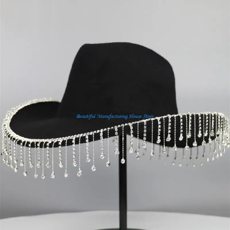 

E56A Heavy Crystal Cowboy Hat Tassels Knight Hat for Disco House Cocktail Parties Vacation Sparkly Tassels for Comedian Actor
