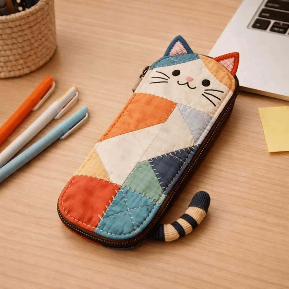 Portable Cloth Cat Pencil Case Patchwork Color Block Cartoon Pen Bag Zipper Multifunctional Stationery Storage Bag Office