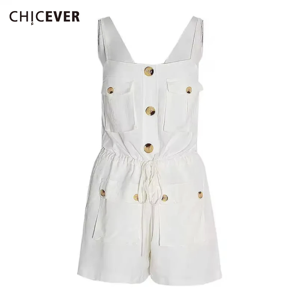 

CHICEVER White Patchwork Multi Pockets Overalls for Women Square Collar Sleeveless High Waist Spliced Button Jumpsuit Female New