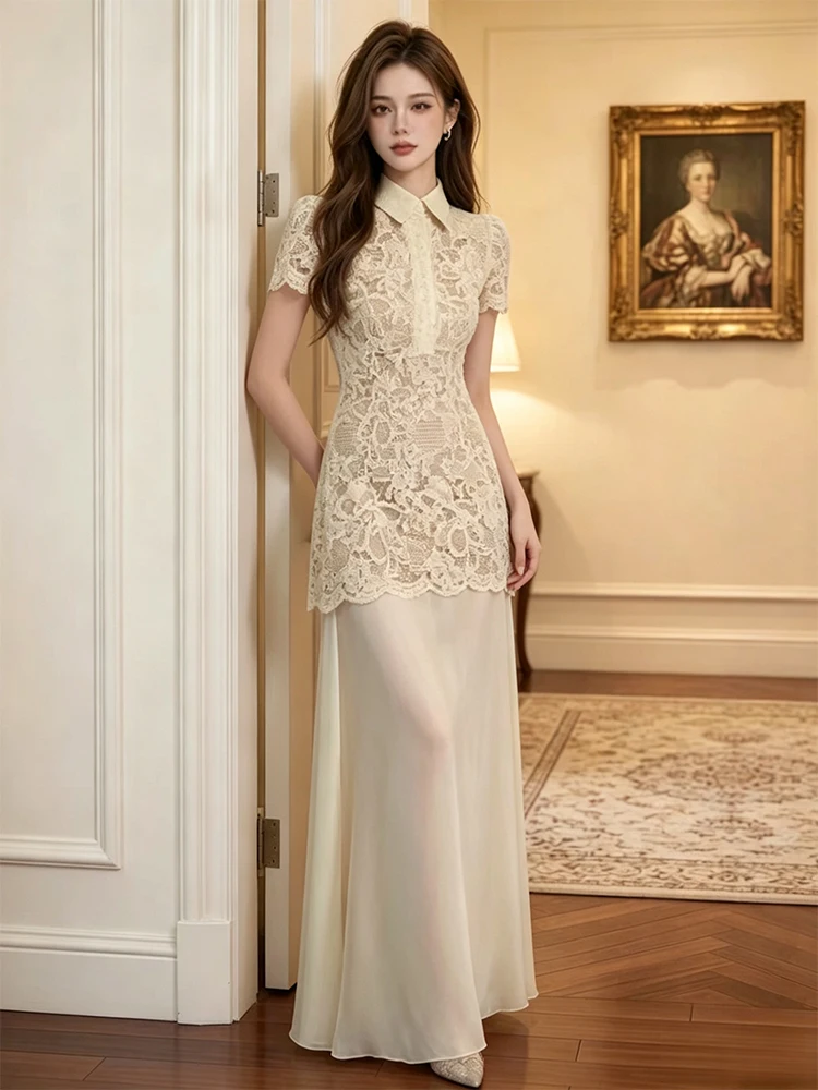 

Elegant Lace Embroidery Dress Women's Slimming Evening Gown High Waist A-Line Skirt Polyester Fiber Short Sleeve Long Dress