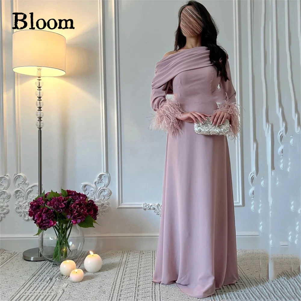 Bloom-vestidos de noche con volantes y hombros descubiertos, manga larga con plumas, línea A, elegantes vestidos formales para fiesta de boda y graduación