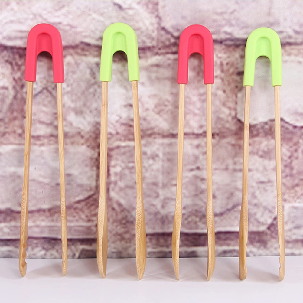 

2pcs Bamboo Food Clips Holder Kitchen Tongs Long Easy Grip Toaster Serving Tongs for Cooking Toast Bread (Square Red + Square Gr