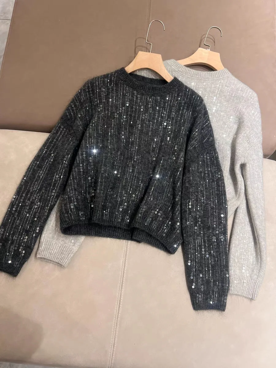 Women Sequin Decoration Sweater Long Sleeve O-Neck Loose Autumn Winter Knitted Pullover