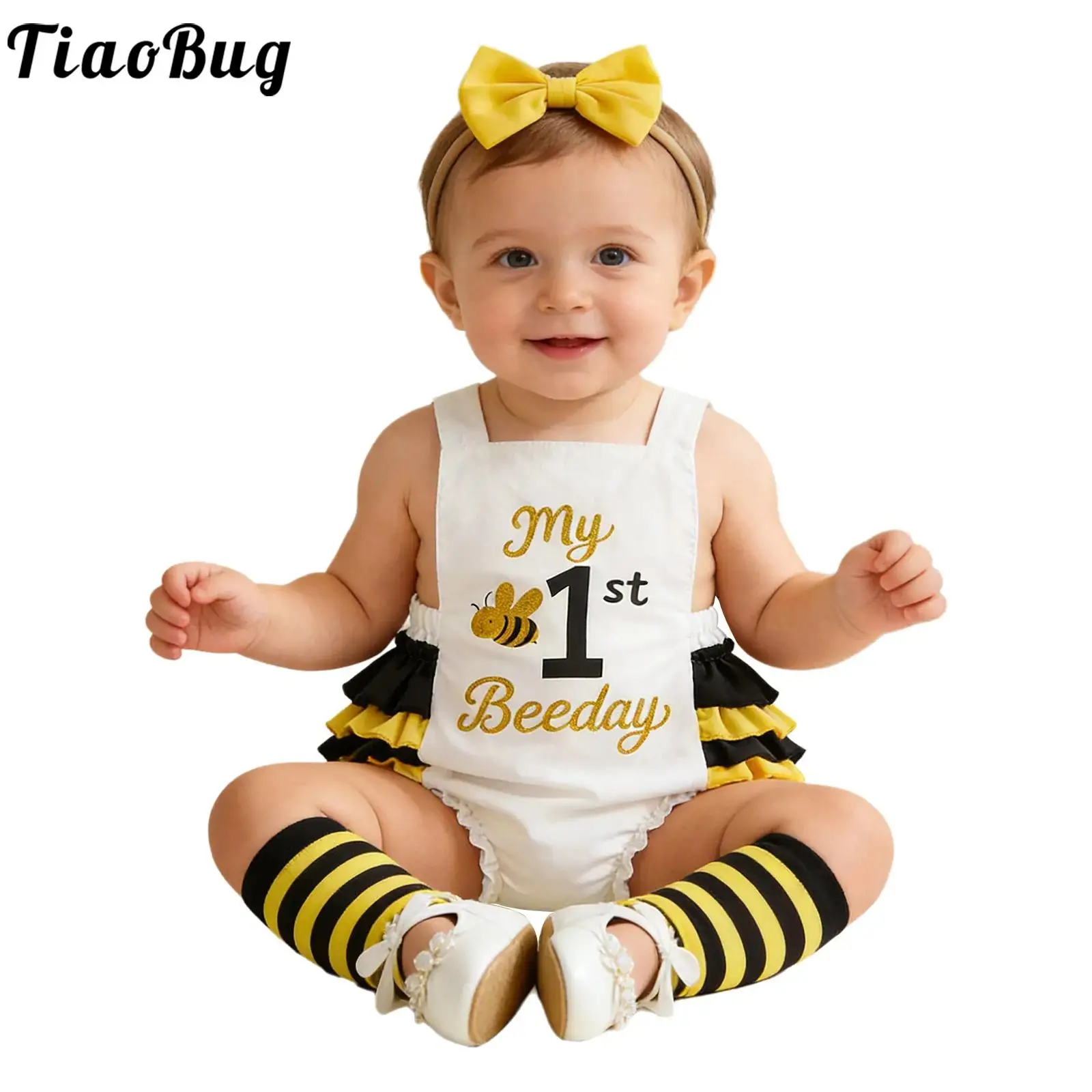 

Baby Girls Birthday Bee Romper Outfit Sleeveless Letter Printed Bodysuit with Headband Striped Leg Warmers for Party Photography