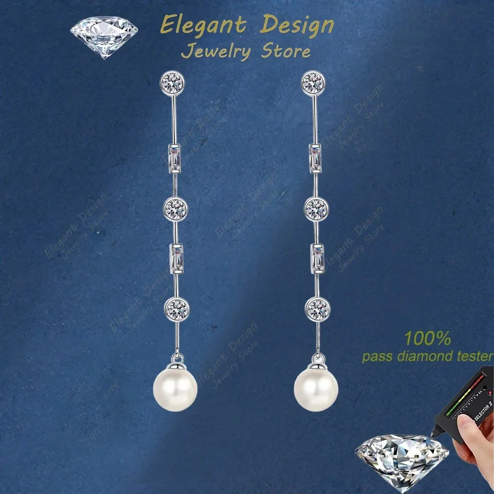 

Elegant Design Freshwater Pearl Earrings Pt950 Earrings, Luxury Inlaid 1.8carat Moissanite Tassel Platinum Earrings Jewelry