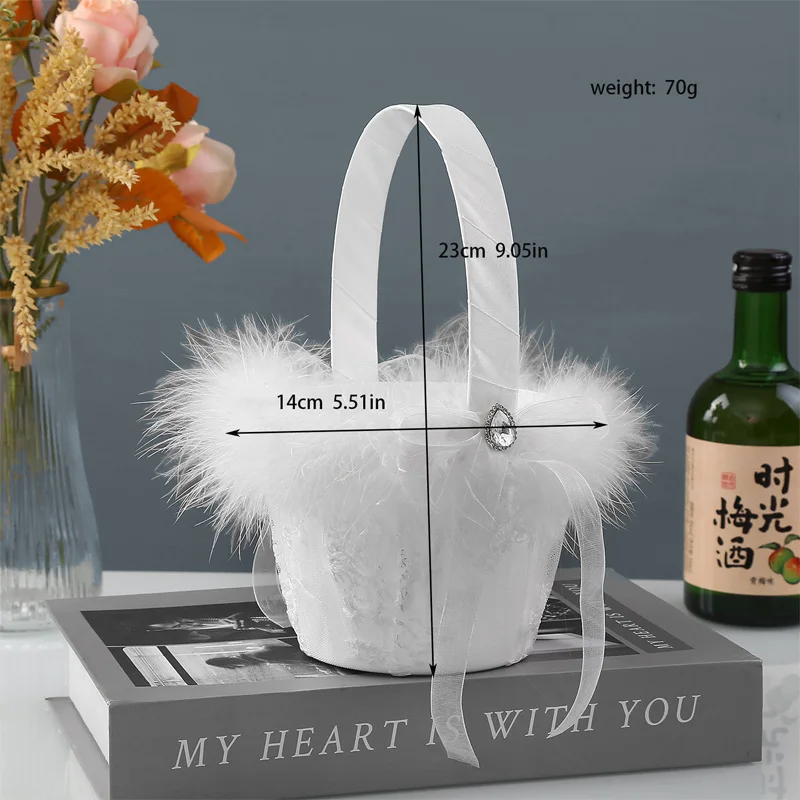 Cesta de flores de encaje de plumón occidental, cesta de flores blanca para boda al aire libre, suministros de boda de mano