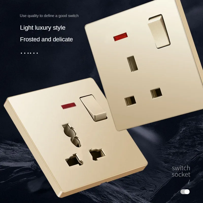 Uk Standard 13A Gold USB Plug Wall Power Socket Light Switch,220V Universal 6-hole Dual Socket with 2.1A Usb Charging Port