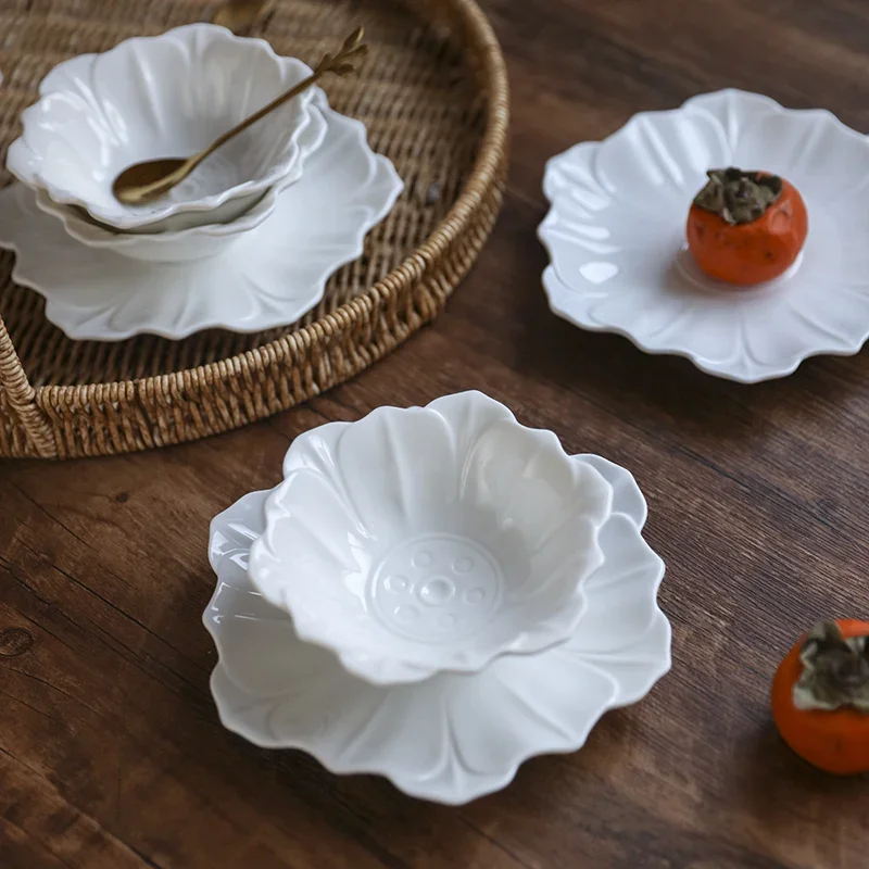 Relief Dessert Bowl Petal Plate Breakfast Dessert Plate French Ceramic Plate Hibiscus Solid Color Bird's Nest Bowl Tableware