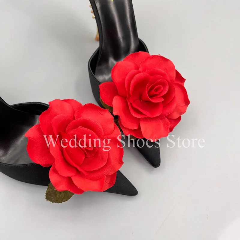 

Женские туфли на высоком каблуке с красной розой, шелковые золотистые босоножки на каблуке неправильной формы, роскошные женские сандалии на шпильке, 2025, свадебная вечеринка