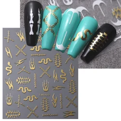 Adesivi per nail art metallici 3D Oro Argento Fuoco Fiamma Catena Serpente Candela di Halloween Goccia di sangue Decalcomania Cursore Decorazione olografica