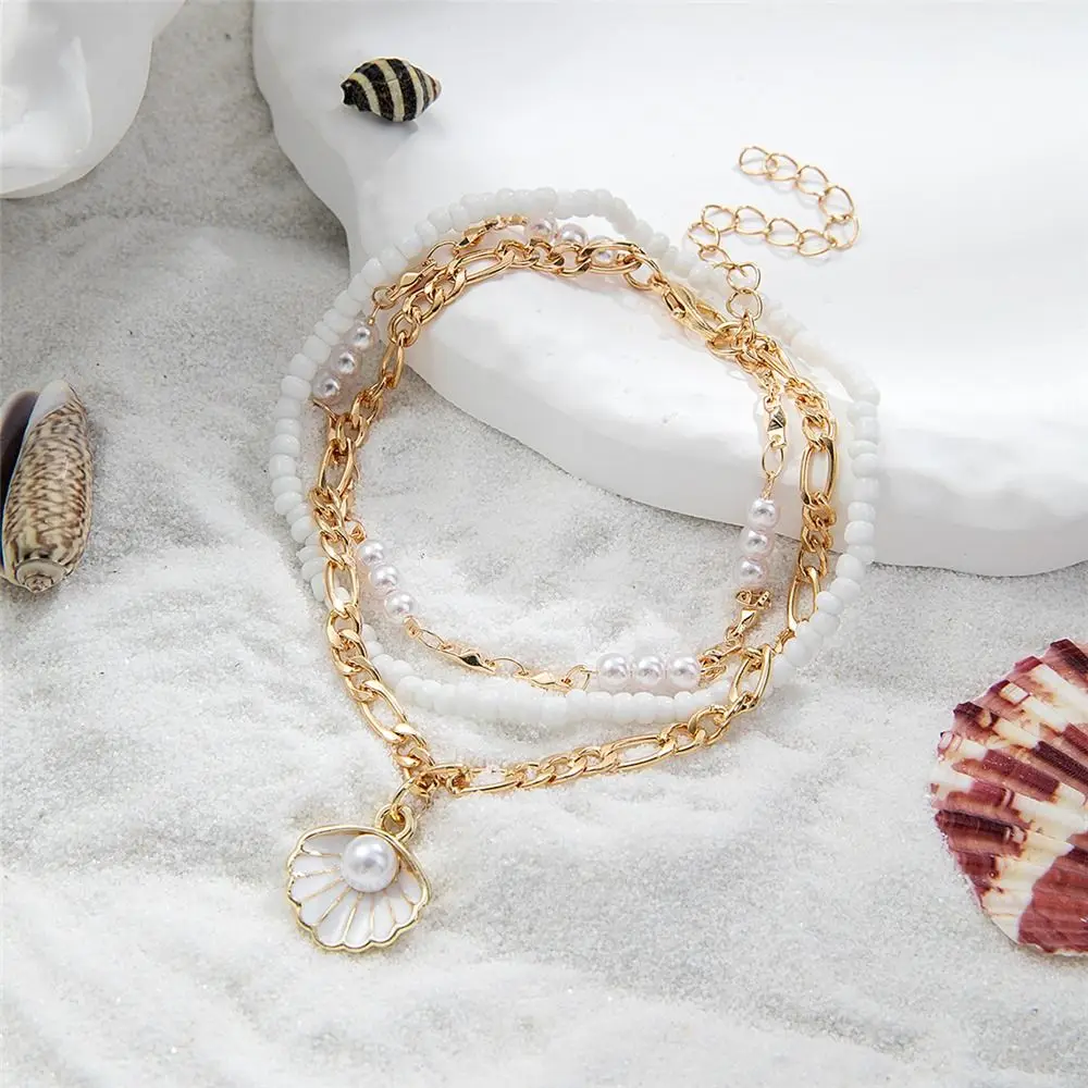 2 pçs presente concha boho tornozeleira conjunto elástico arroz contas pé jóias vieira praia charme tornozeleira para férias de verão wear