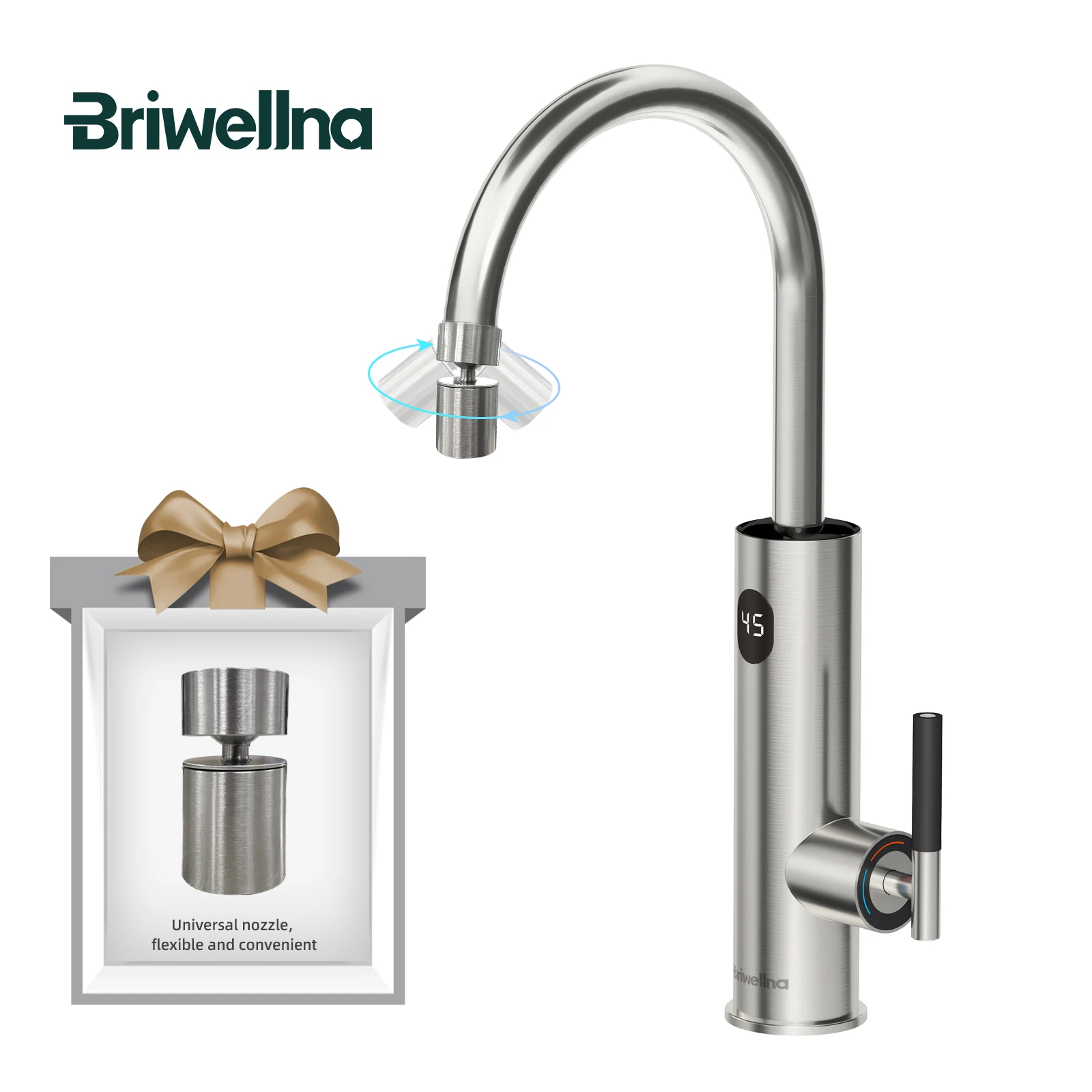 Briwellna Instant Hot Water Tap With Flexible Extender Nozzle 220V Electric Faucet Universal Spout Stainless Steel Heating Tap