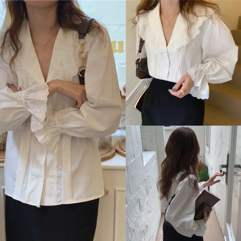 

Корейский топ с полыми рукавами-трубой, французское поло, кружевная плиссированная рубашка с лацканами в стиле пэчворк, осеннее свободное однобортное белое пальто, новый топ