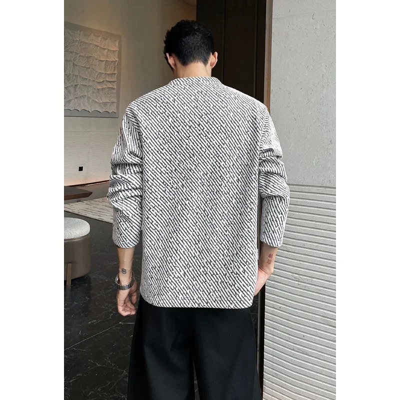Men Crew Neck Long Sleeve Sweatshirt Diagonal Stripe Jacquard Fabric Loose Oversized Fit For Autumn Street Daily Outfit view 4