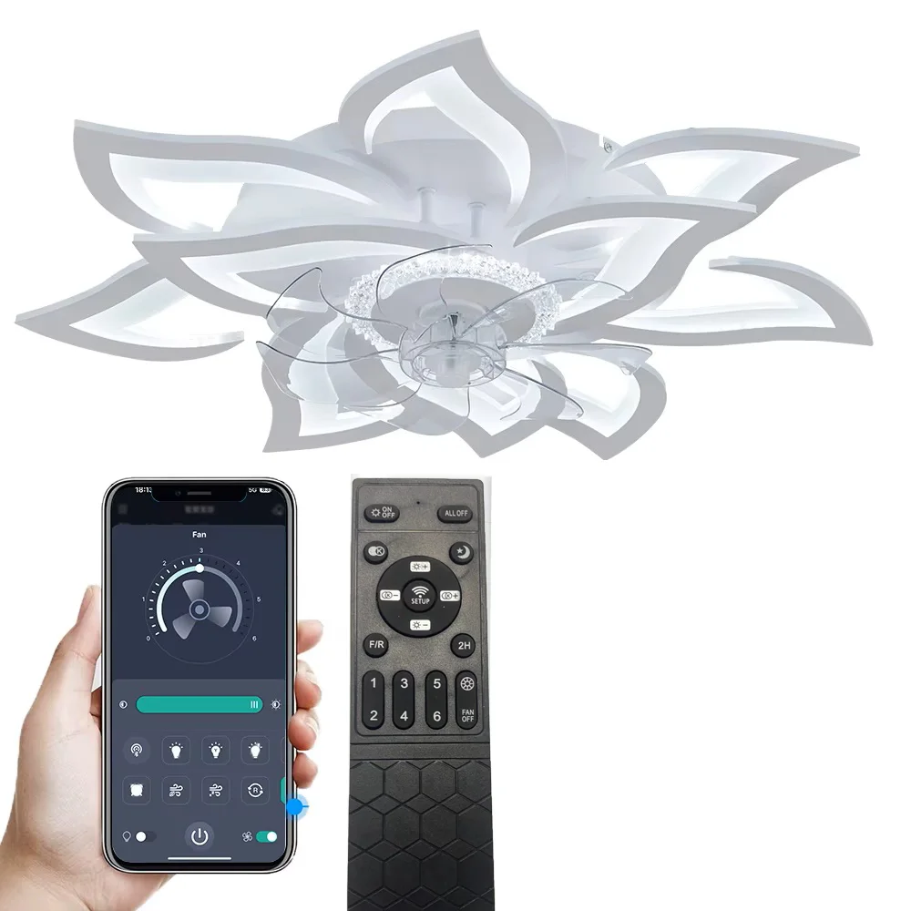 Plafondventilator met verlichting, modern dimbaar bloemenpatroon, afstandsbediening/app-bediening, 6 versnellingen ventilator plafondlamp - afbeelding 1