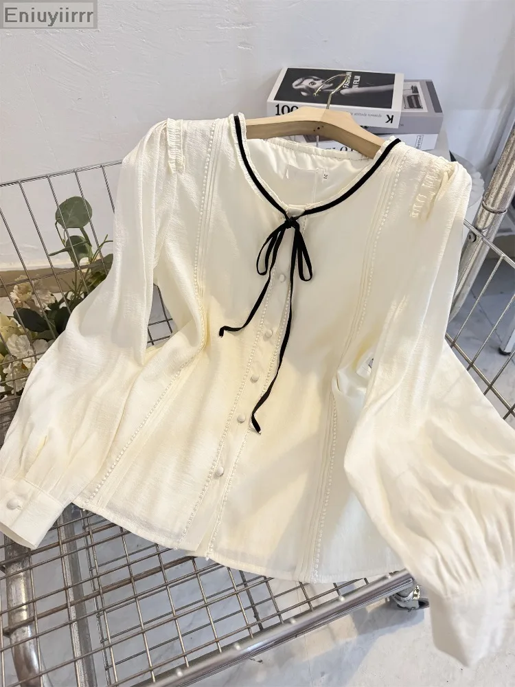 Volant da donna Carino Papillon Top Stile Preppy Vintage Coreano giapponese Design Bottone Elegante volant formale Camicie bianche Camicette